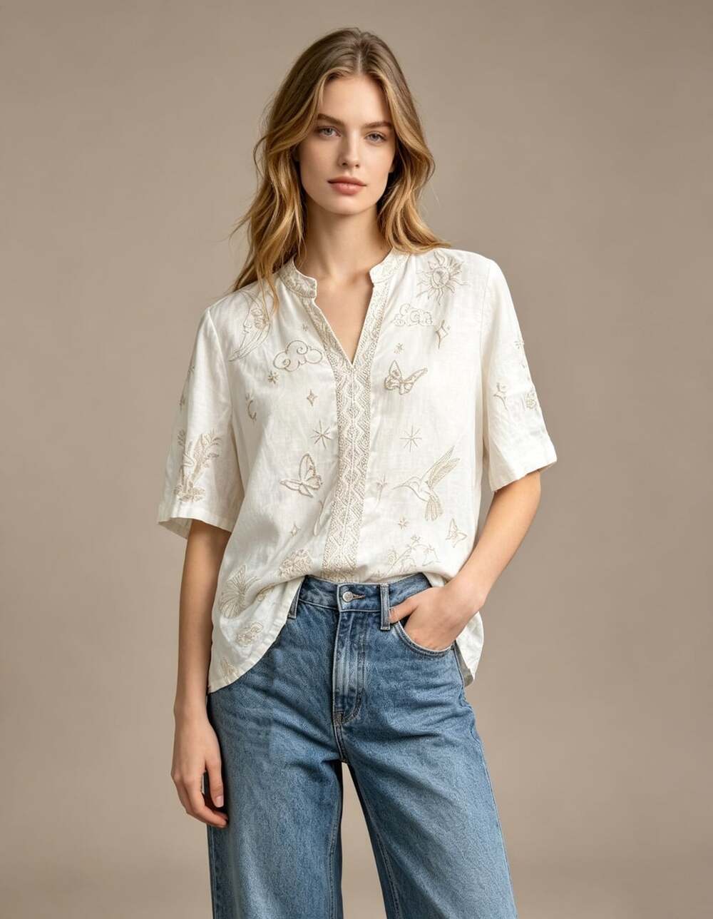 NWOT Johnny Was Linen Butterfly Floral Embroidered Top Shirt Blouse Size S